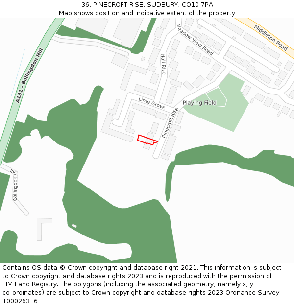 36, PINECROFT RISE, SUDBURY, CO10 7PA: Location map and indicative extent of plot