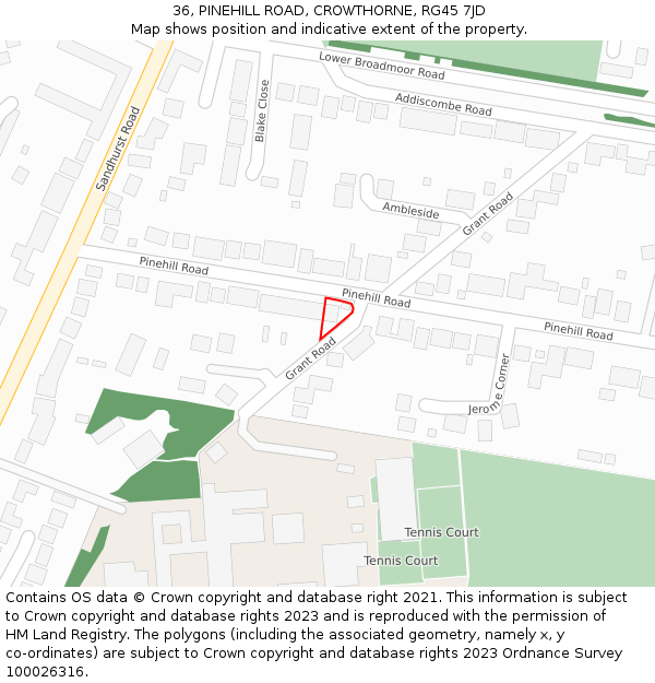 36, PINEHILL ROAD, CROWTHORNE, RG45 7JD: Location map and indicative extent of plot