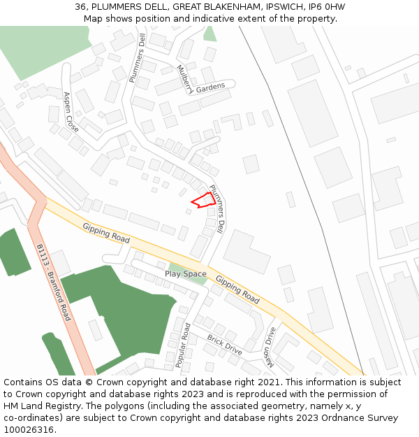 36, PLUMMERS DELL, GREAT BLAKENHAM, IPSWICH, IP6 0HW: Location map and indicative extent of plot