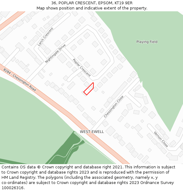 36, POPLAR CRESCENT, EPSOM, KT19 9ER: Location map and indicative extent of plot