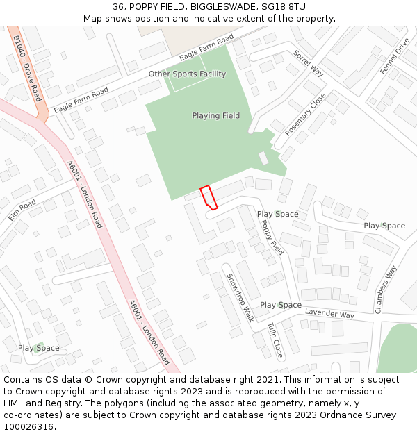 36, POPPY FIELD, BIGGLESWADE, SG18 8TU: Location map and indicative extent of plot