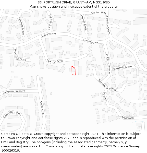 36, PORTRUSH DRIVE, GRANTHAM, NG31 9GD: Location map and indicative extent of plot