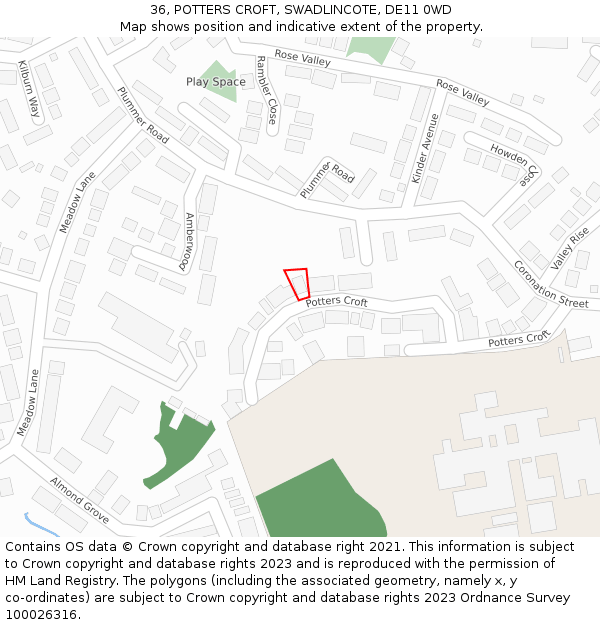 36, POTTERS CROFT, SWADLINCOTE, DE11 0WD: Location map and indicative extent of plot