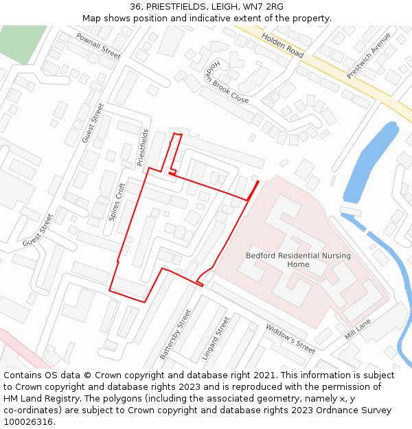 36, PRIESTFIELDS, LEIGH, WN7 2RG: Location map and indicative extent of plot