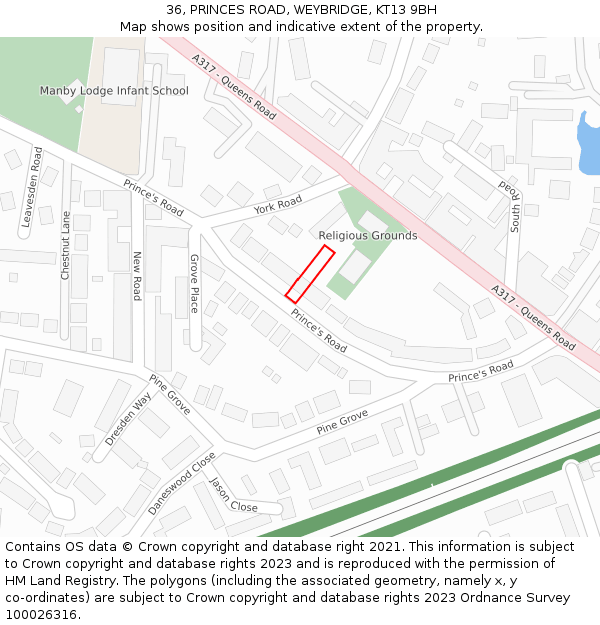 36, PRINCES ROAD, WEYBRIDGE, KT13 9BH: Location map and indicative extent of plot