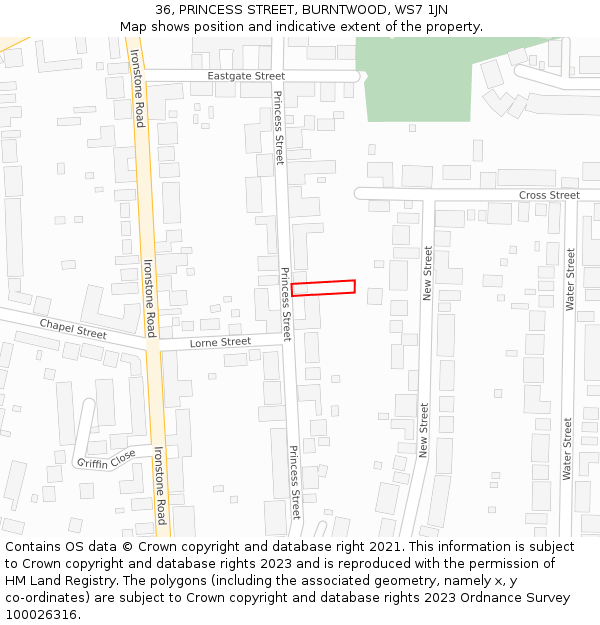 36, PRINCESS STREET, BURNTWOOD, WS7 1JN: Location map and indicative extent of plot