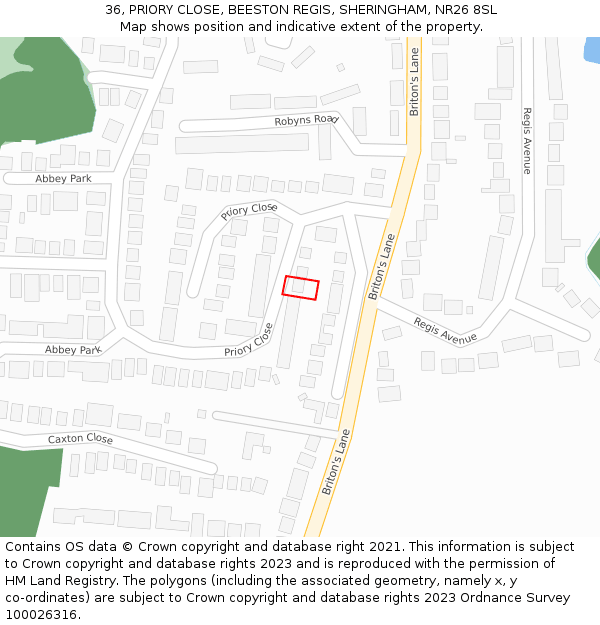 36, PRIORY CLOSE, BEESTON REGIS, SHERINGHAM, NR26 8SL: Location map and indicative extent of plot