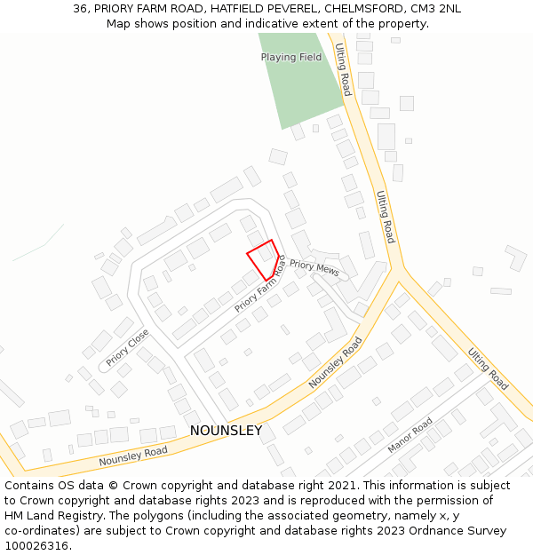 36, PRIORY FARM ROAD, HATFIELD PEVEREL, CHELMSFORD, CM3 2NL: Location map and indicative extent of plot