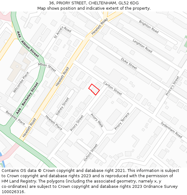 36, PRIORY STREET, CHELTENHAM, GL52 6DG: Location map and indicative extent of plot