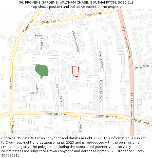 36, PROVENE GARDENS, WALTHAM CHASE, SOUTHAMPTON, SO32 2LE: Location map and indicative extent of plot