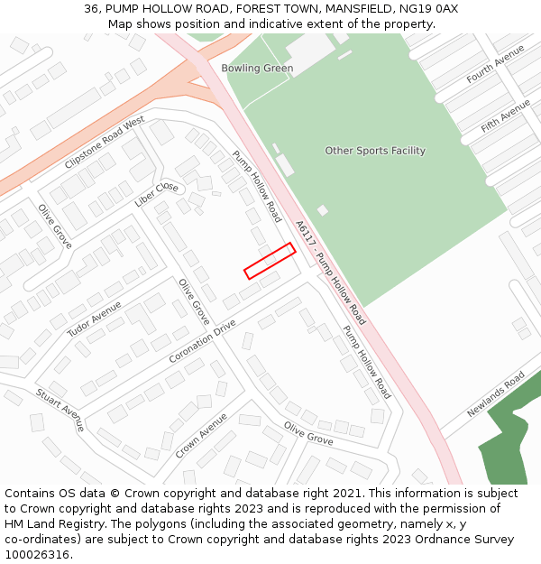 36, PUMP HOLLOW ROAD, FOREST TOWN, MANSFIELD, NG19 0AX: Location map and indicative extent of plot