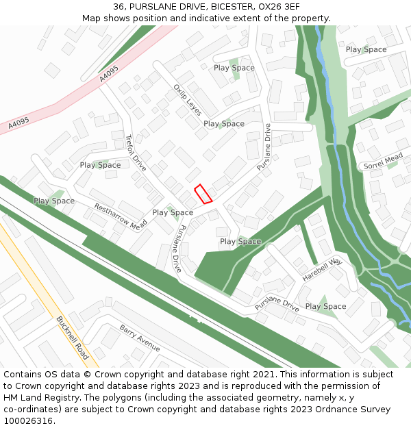 36, PURSLANE DRIVE, BICESTER, OX26 3EF: Location map and indicative extent of plot