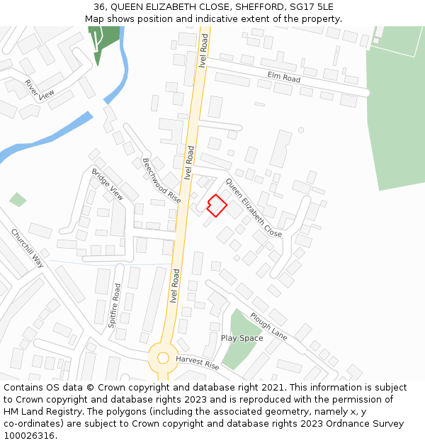 36, QUEEN ELIZABETH CLOSE, SHEFFORD, SG17 5LE: Location map and indicative extent of plot