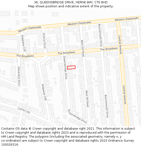 36, QUEENSBRIDGE DRIVE, HERNE BAY, CT6 8HD: Location map and indicative extent of plot