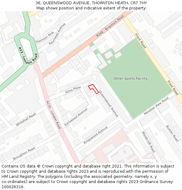 36, QUEENSWOOD AVENUE, THORNTON HEATH, CR7 7HY: Location map and indicative extent of plot