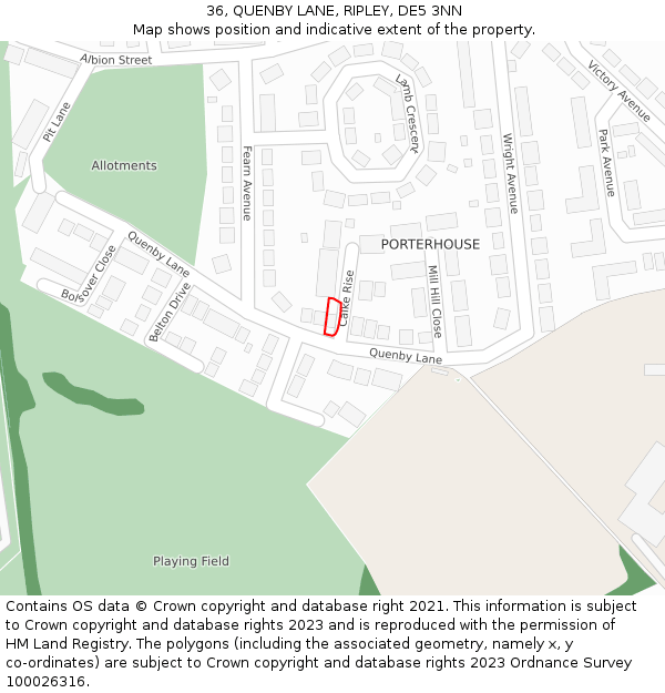 36, QUENBY LANE, RIPLEY, DE5 3NN: Location map and indicative extent of plot