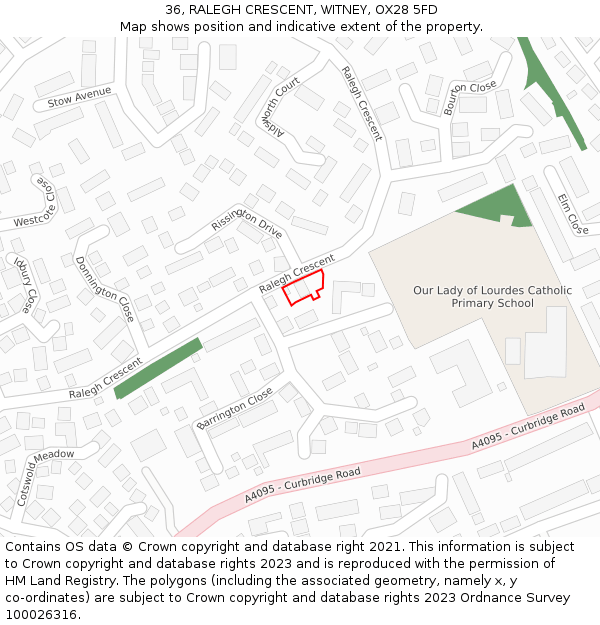 36, RALEGH CRESCENT, WITNEY, OX28 5FD: Location map and indicative extent of plot