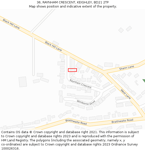 36, RAYNHAM CRESCENT, KEIGHLEY, BD21 2TP: Location map and indicative extent of plot