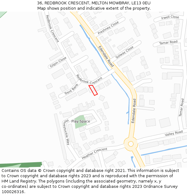 36, REDBROOK CRESCENT, MELTON MOWBRAY, LE13 0EU: Location map and indicative extent of plot