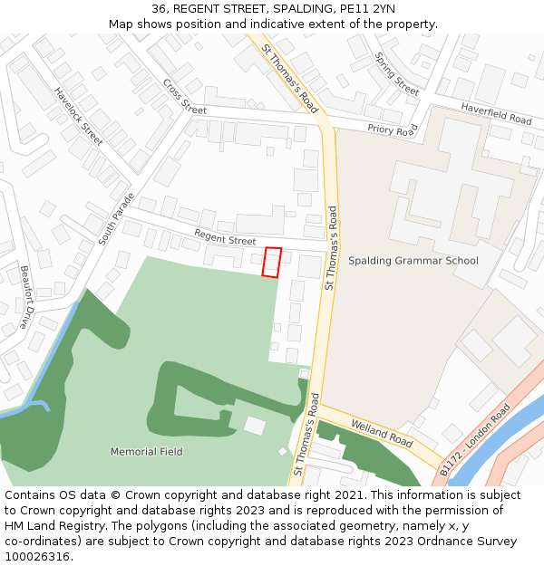 36, REGENT STREET, SPALDING, PE11 2YN: Location map and indicative extent of plot