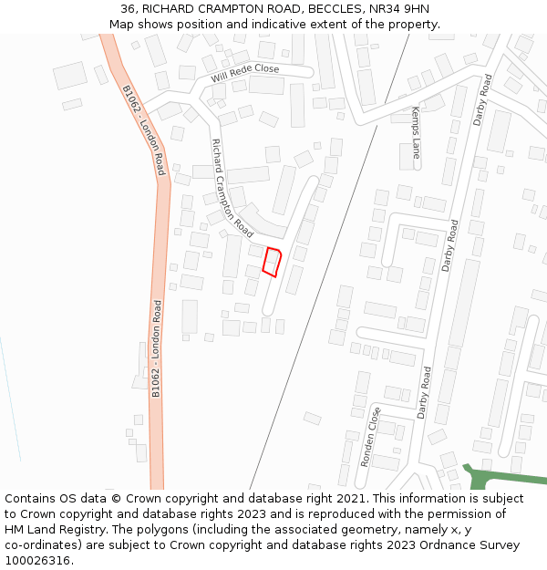 36, RICHARD CRAMPTON ROAD, BECCLES, NR34 9HN: Location map and indicative extent of plot