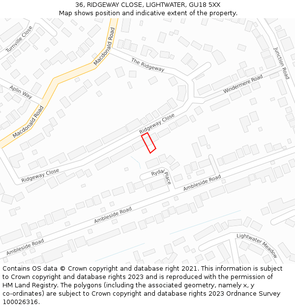 36, RIDGEWAY CLOSE, LIGHTWATER, GU18 5XX: Location map and indicative extent of plot