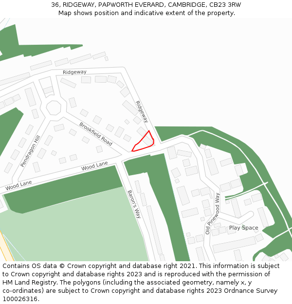 36, RIDGEWAY, PAPWORTH EVERARD, CAMBRIDGE, CB23 3RW: Location map and indicative extent of plot