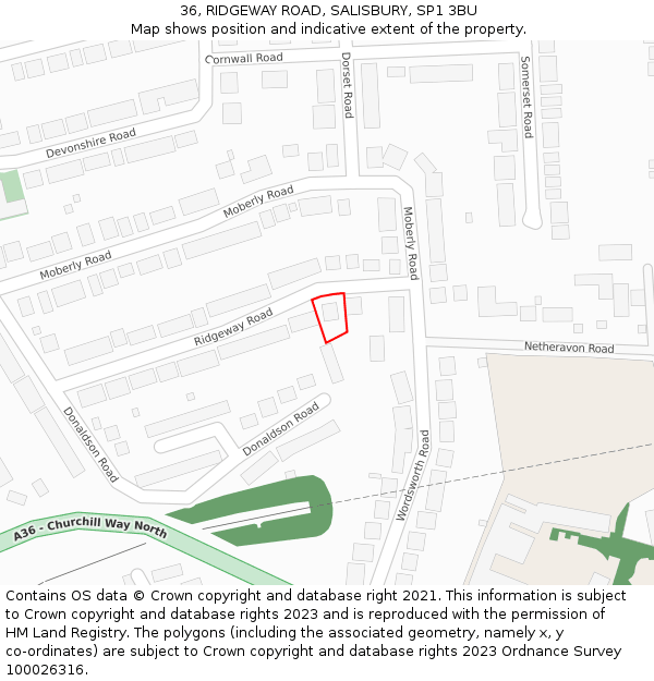 36, RIDGEWAY ROAD, SALISBURY, SP1 3BU: Location map and indicative extent of plot