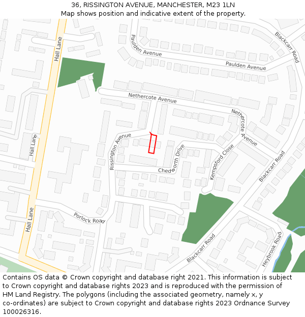 36, RISSINGTON AVENUE, MANCHESTER, M23 1LN: Location map and indicative extent of plot