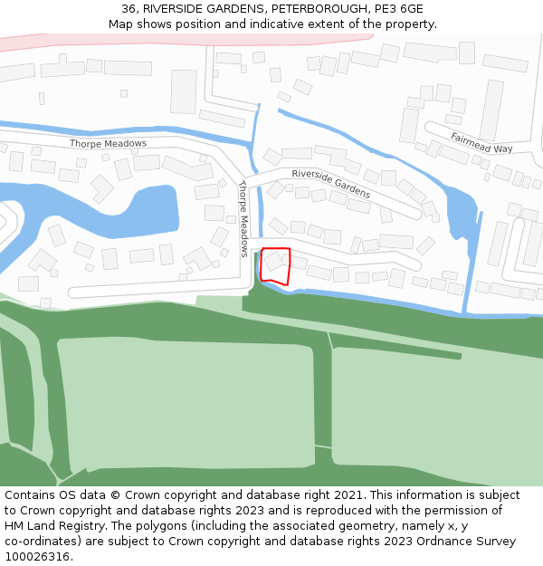 36, RIVERSIDE GARDENS, PETERBOROUGH, PE3 6GE: Location map and indicative extent of plot