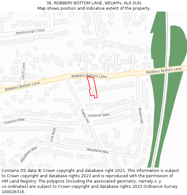36, ROBBERY BOTTOM LANE, WELWYN, AL6 0UN: Location map and indicative extent of plot