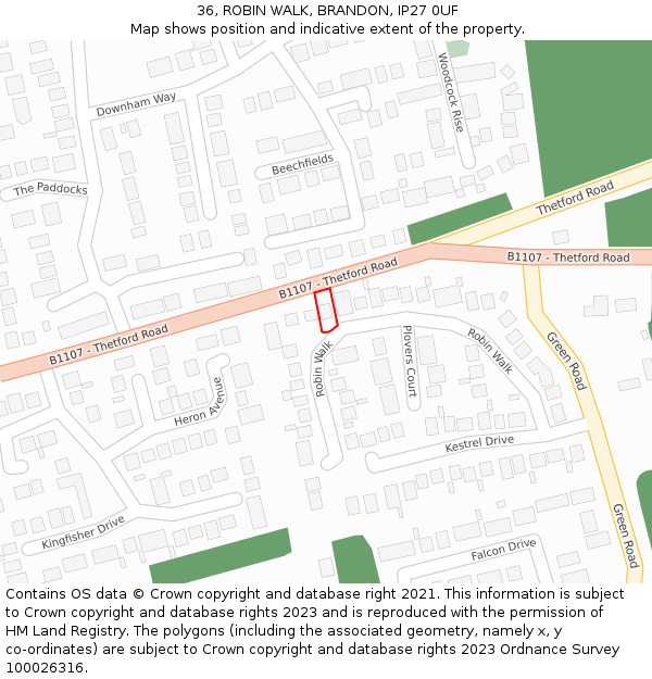 36, ROBIN WALK, BRANDON, IP27 0UF: Location map and indicative extent of plot