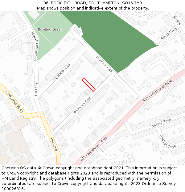 36, ROCKLEIGH ROAD, SOUTHAMPTON, SO16 7AR: Location map and indicative extent of plot