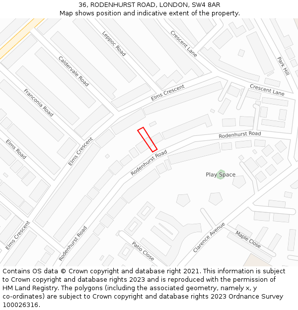 36, RODENHURST ROAD, LONDON, SW4 8AR: Location map and indicative extent of plot