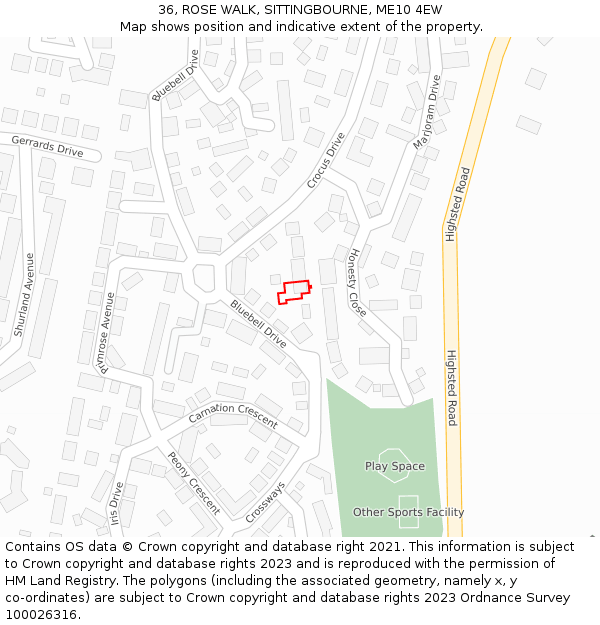 36, ROSE WALK, SITTINGBOURNE, ME10 4EW: Location map and indicative extent of plot