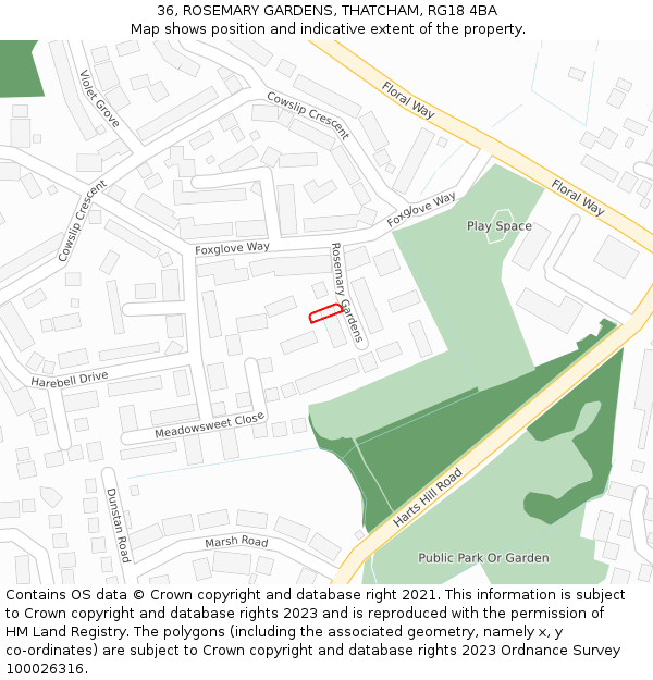 36, ROSEMARY GARDENS, THATCHAM, RG18 4BA: Location map and indicative extent of plot