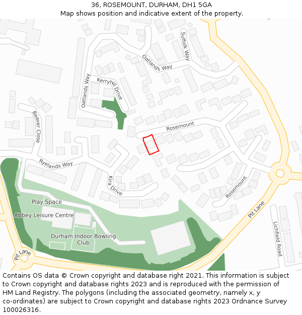 36, ROSEMOUNT, DURHAM, DH1 5GA: Location map and indicative extent of plot