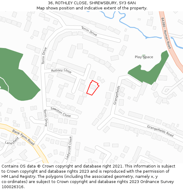 36, ROTHLEY CLOSE, SHREWSBURY, SY3 6AN: Location map and indicative extent of plot
