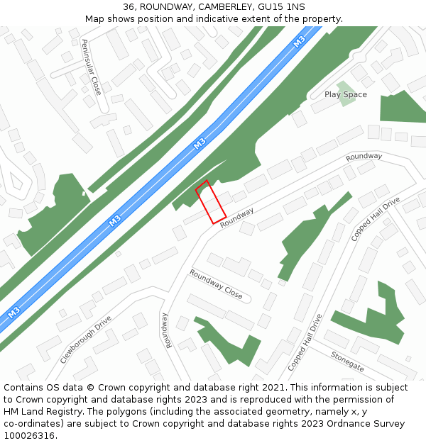 36, ROUNDWAY, CAMBERLEY, GU15 1NS: Location map and indicative extent of plot