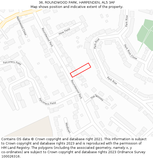 36, ROUNDWOOD PARK, HARPENDEN, AL5 3AF: Location map and indicative extent of plot