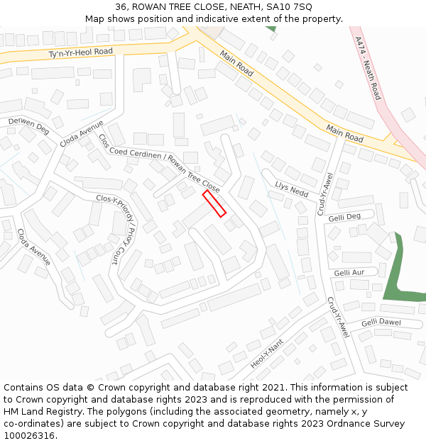 36, ROWAN TREE CLOSE, NEATH, SA10 7SQ: Location map and indicative extent of plot