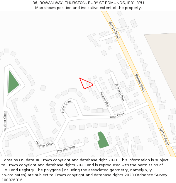 36, ROWAN WAY, THURSTON, BURY ST EDMUNDS, IP31 3PU: Location map and indicative extent of plot