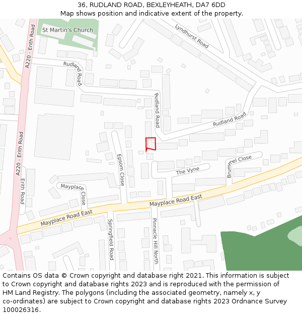 36, RUDLAND ROAD, BEXLEYHEATH, DA7 6DD: Location map and indicative extent of plot