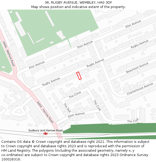36, RUGBY AVENUE, WEMBLEY, HA0 3DF: Location map and indicative extent of plot