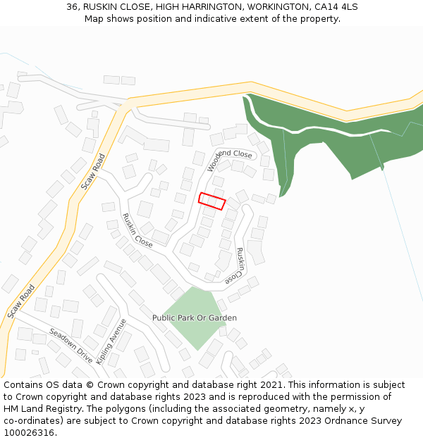 36, RUSKIN CLOSE, HIGH HARRINGTON, WORKINGTON, CA14 4LS: Location map and indicative extent of plot