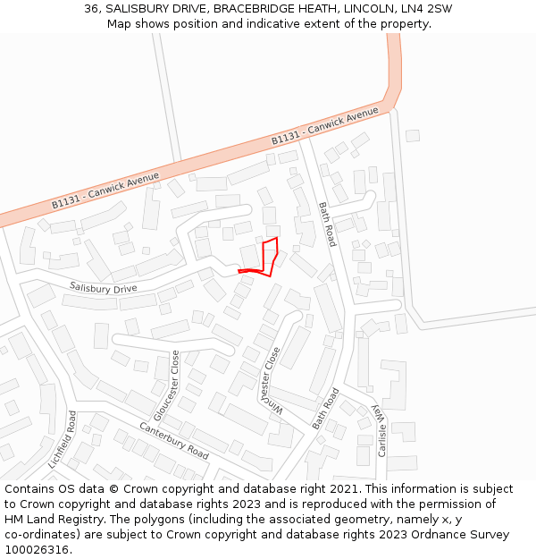 36, SALISBURY DRIVE, BRACEBRIDGE HEATH, LINCOLN, LN4 2SW: Location map and indicative extent of plot