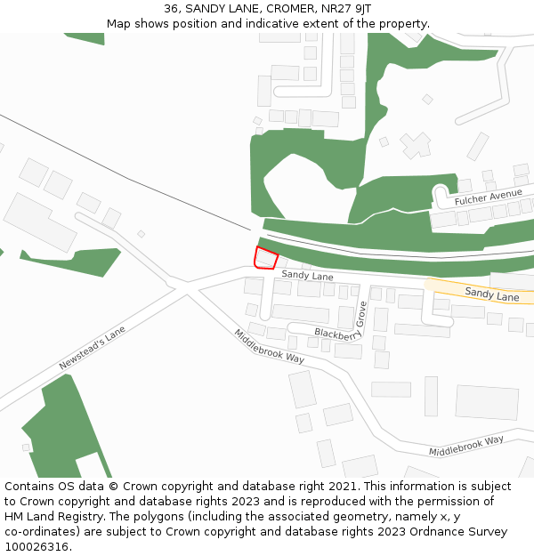 36, SANDY LANE, CROMER, NR27 9JT: Location map and indicative extent of plot