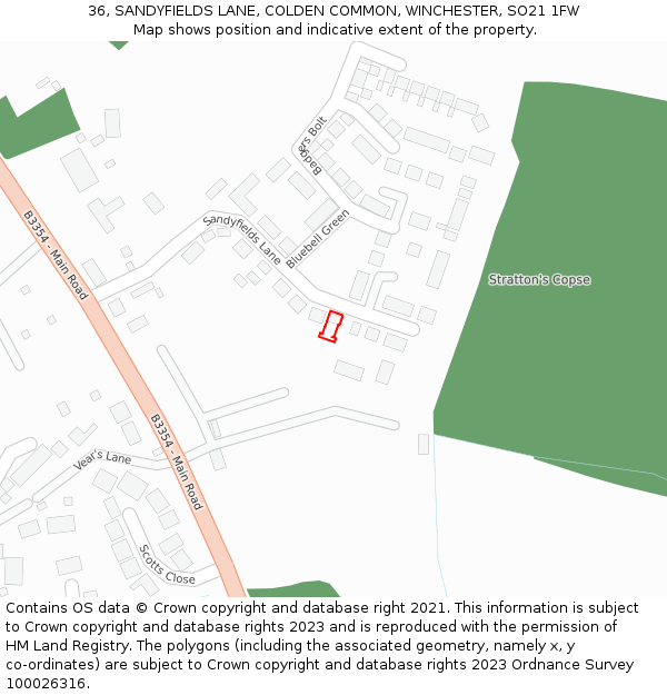36, SANDYFIELDS LANE, COLDEN COMMON, WINCHESTER, SO21 1FW: Location map and indicative extent of plot
