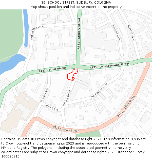 36, SCHOOL STREET, SUDBURY, CO10 2HA: Location map and indicative extent of plot