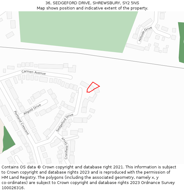 36, SEDGEFORD DRIVE, SHREWSBURY, SY2 5NS: Location map and indicative extent of plot